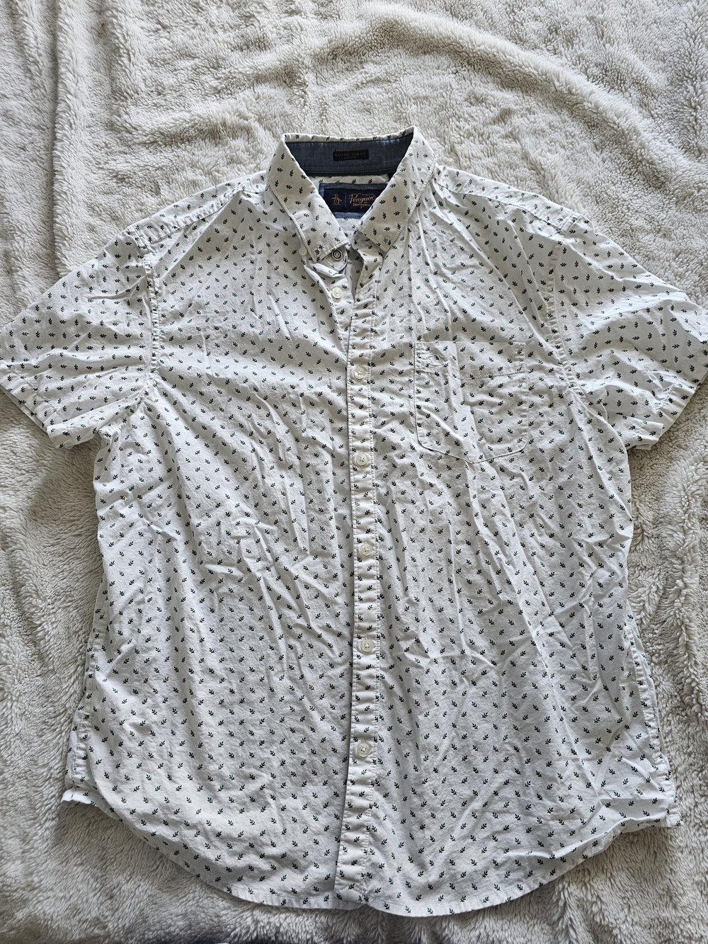 Penguin Mens Green Leaf Print Button Up Shirt